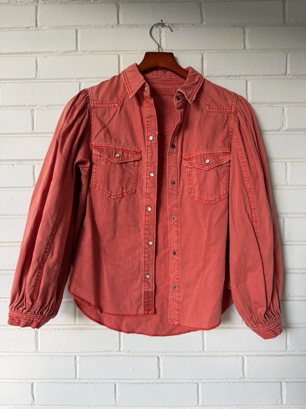 Free People We The Free "With Love" Denim Puff Sleeve Western Shirt - Terracotta